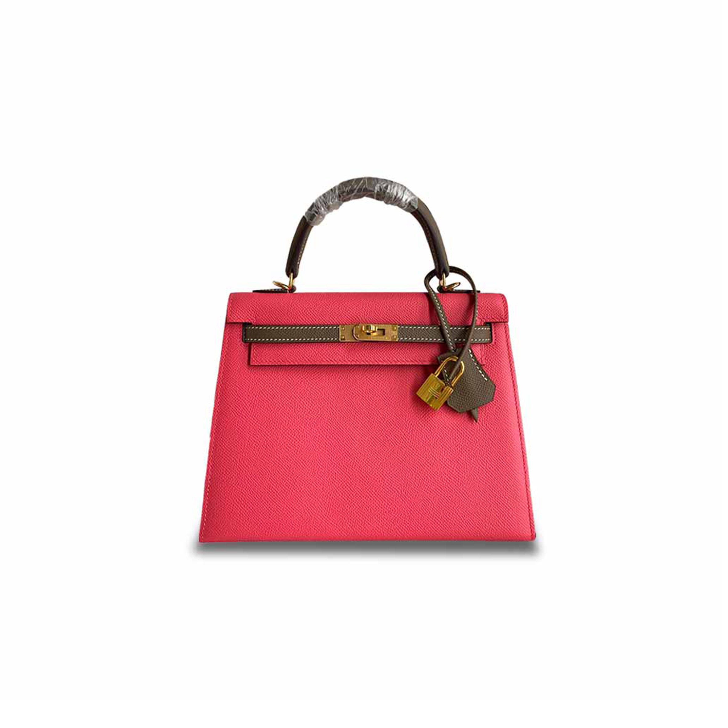 H**mes master kelly 25 epsom leather lipstick pink elephant gray wax thread gold buckle (25*17*7cm)